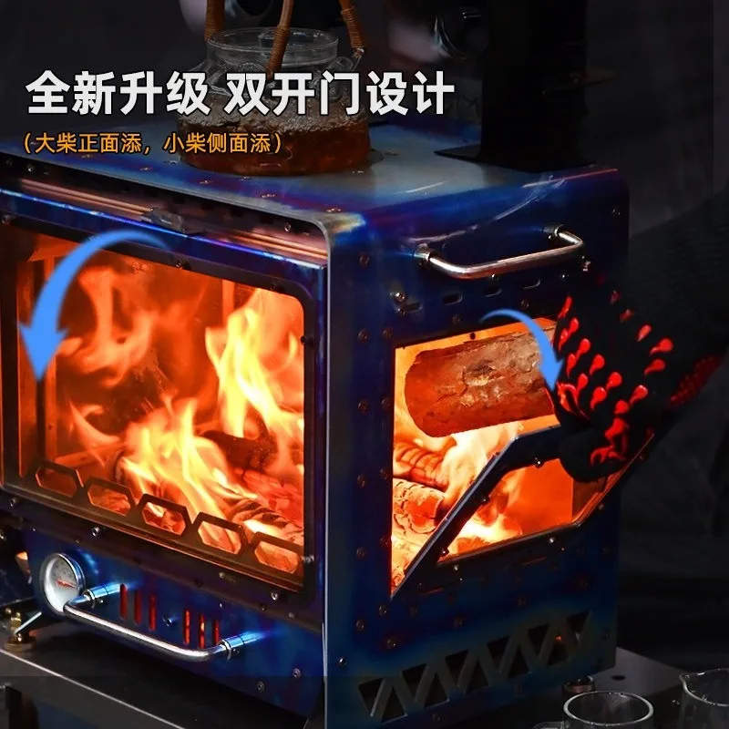 Titanium Wood Stove Tabletop Double Door 3-Side View Lightweight for Tent Heating Camping