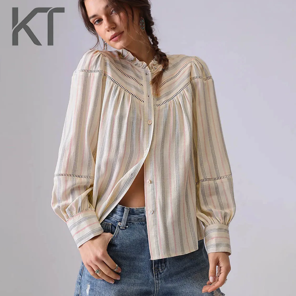 

KT Women's Casual Striped Blouse 2026 Spring Summer Ruffle Neck Eyelet Embroidery Puff Sleeve Button Down Tops