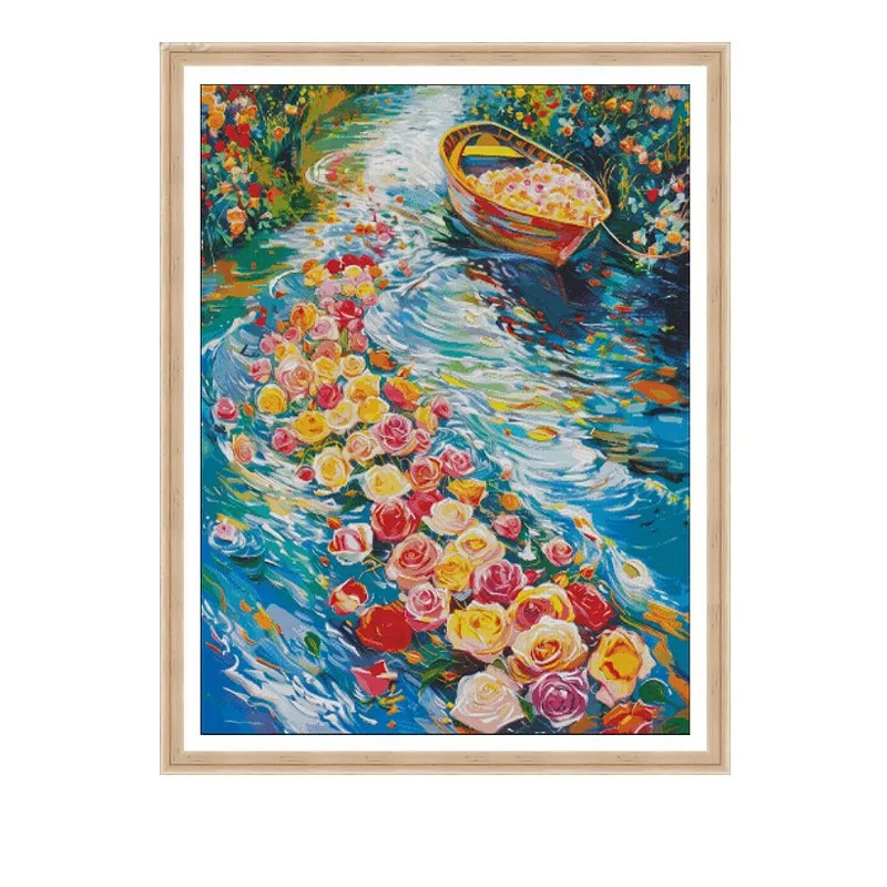 Flowers Boat 14CT 16CT Printed On Canvas Cross Stitch DIY Set Chinese Pattern Kit Home Needlework Embroidery 134 Colors