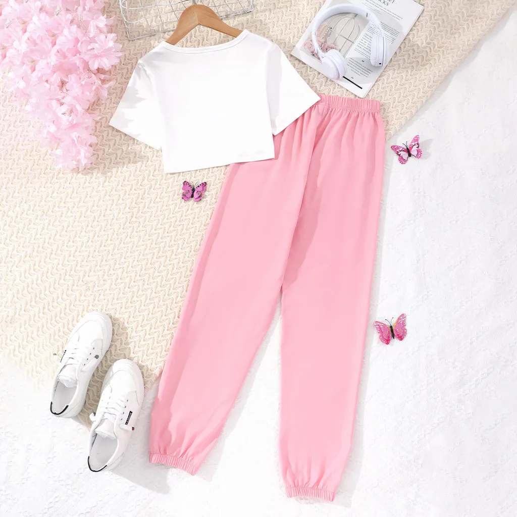 Teens 2 Pcs Set Kids Girl Clothes Graphic Top+Pant 8 9 10 11 12 Years Old Summer Fashion Casual Birthday Butterfly Children Suit