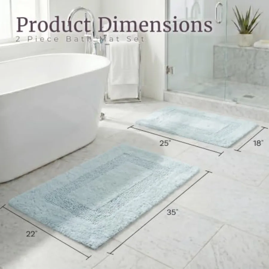Cotton Bath Mat Set- 2 Pcs 100 Percent Cotton Mats- Reversible, Soft, Absorbent and Machine Washable Bathroom Rugs By