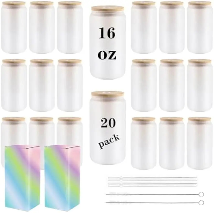 

Стаканы из матового стекла емкостью 16 унций с бамбуковыми крышками, 20 сублимационных заготовок для индивидуального дизайна