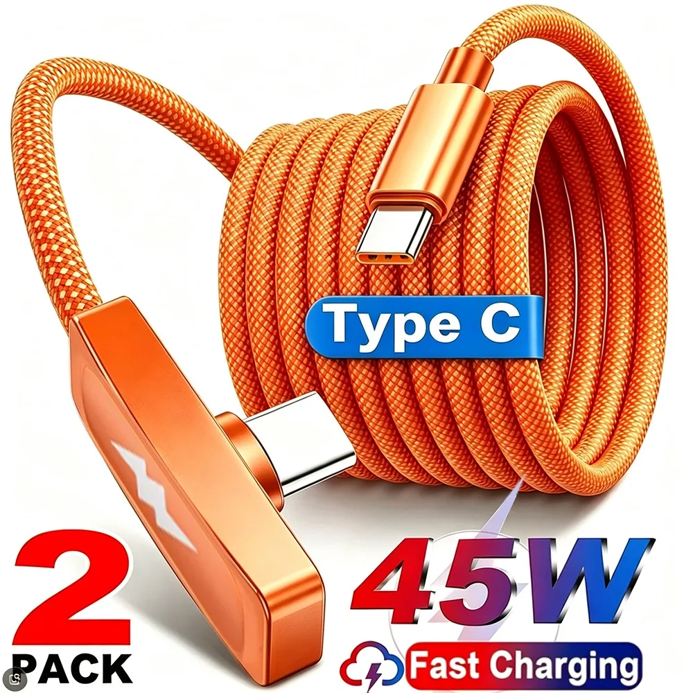 PD45W Fast Charging Type-C Right Angle Data Cable Nylon Braided USB C To C Wire Cord for IPhone 17 16 15 Pro Max Samsung Android