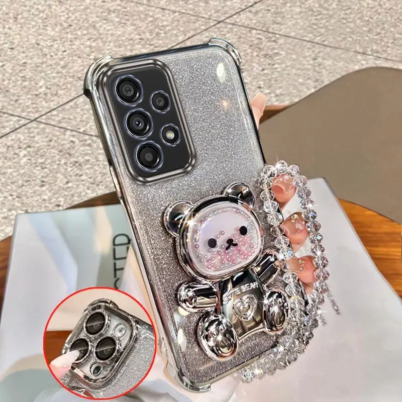 A 53 Pretty Bear Bracket Lanyard Plating Phone Case For Samsung A54 A55 A26 A34 A32 A25 A36 A33 A52 A35  A73 A56 A51 A32 Cover
