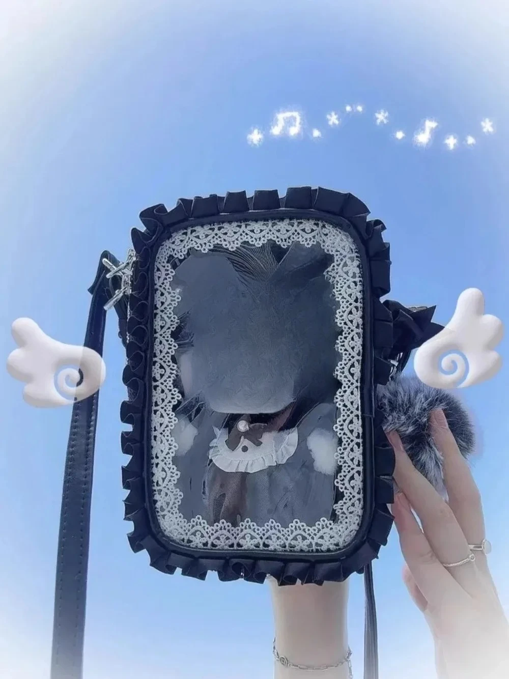 Original  Lace-edged Lolita Style Messenger Bag Ruffle-edged Handbag with Transparent Design Suitable for Display Shoulder Bags