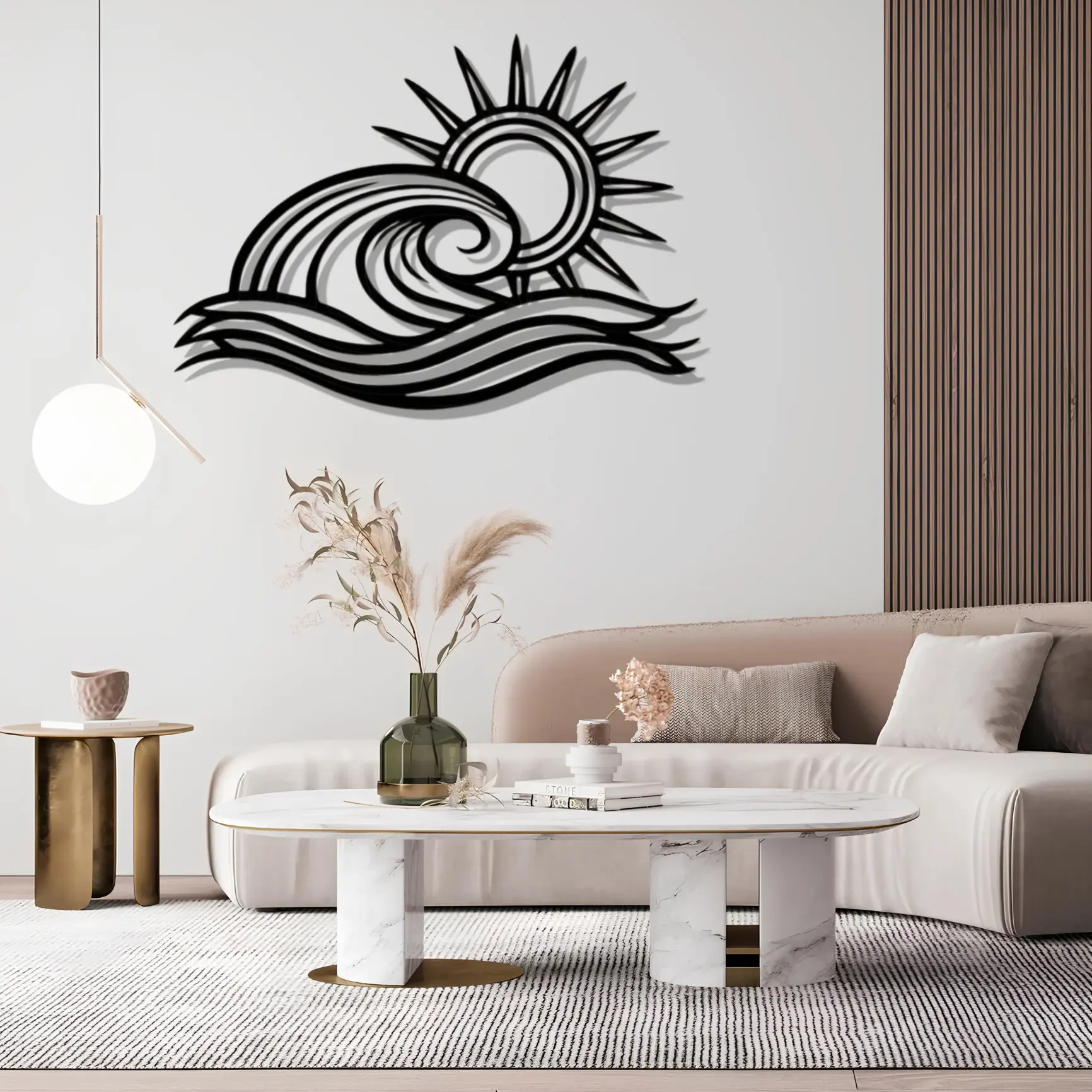 Personalized Coastal Metal Wave & Sun Wall Sculpture: Ocean-Inspired Decor for Beach House Living Room