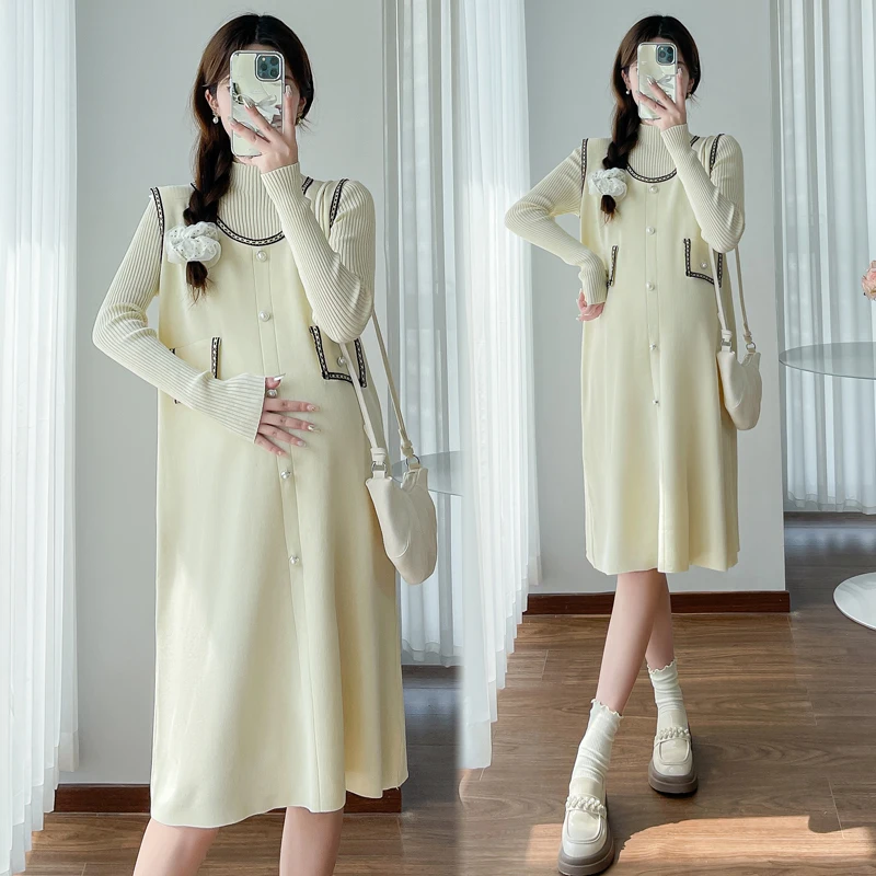 Winter Plus Size Pregnant Women Two-piece Dress Suits Long Sleeve Sweater+Sundress Twinset Elegant Office Lady Clothing Sets