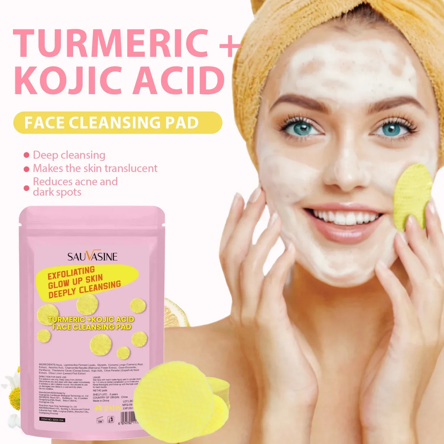 Original Turmeric Kojic Acid Facial Cleansing Pads 40 PCS Whitening Deep Cleaning for Dark Spot Acne Scars Face and Firming Skin