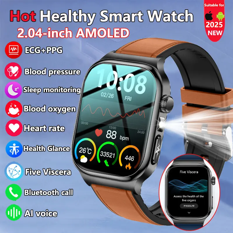 2025NEW ECG Blood Pressure Blood Oxygen Heart Rate Temp Blood Fat Uric Acid Health Diagnosis AMOLED 650mAh 5.3BT Call SmartWatch