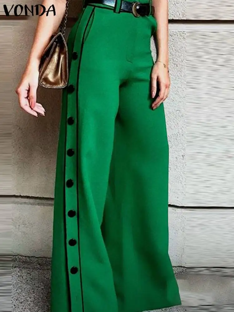 VONDA Elegant Long Trousers Wide Leg Pants Women 2023 Summer Side Buttons Down Casual Solid High Waist Streetwear Pantalon Femme