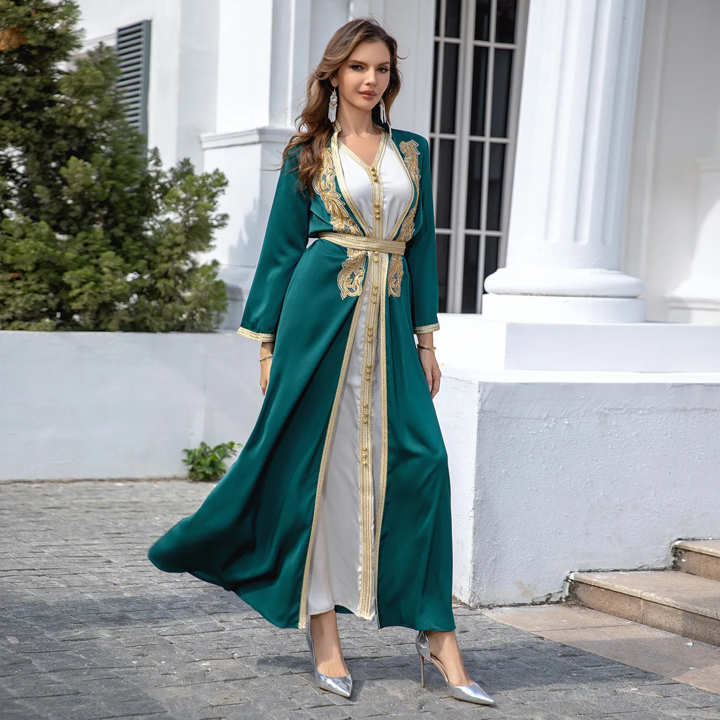 Arab Light Luxury Loose Robe Muslim Embroidery Evening Dress For Women Ramadan Dubai Turkey Long Sleeve 2 Piece Set Abaya Kimono