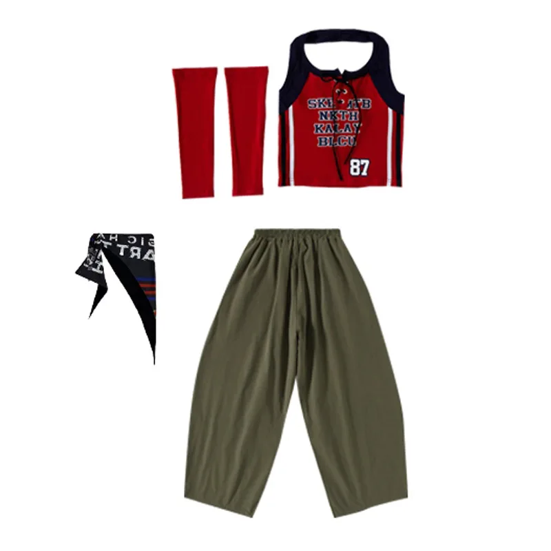 Children Hip Hop Jazz Dance Clothes Summer Girls Red Tops Army Green Pants Kpop Outfits Street Dance Costume Group Suit BL16628