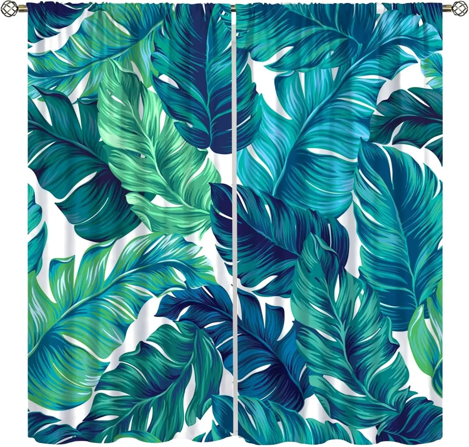 Palm Leaf Tropical Curtain Green and White Plant Tree Rod Pocket Summer Hawaii Watercolor Botanical Banana Tree Nature  2 Panels