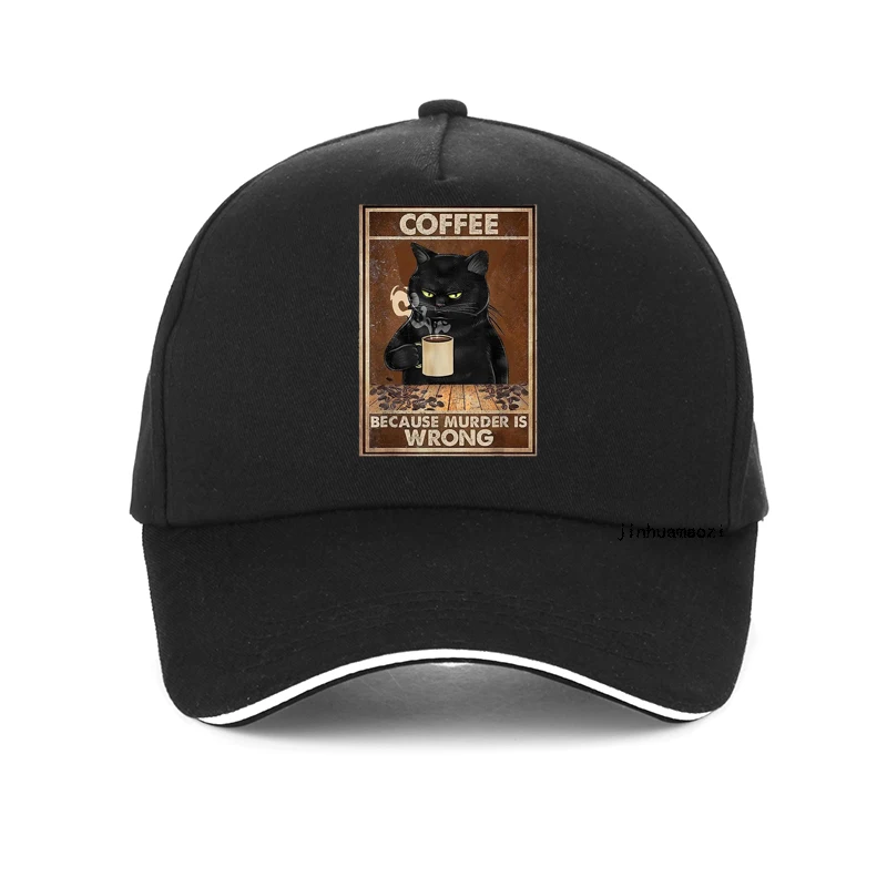 

Coffee Because Murder Is Wrong Black Cat Drinks Coffee Funny Baseball Cap Unisex Adjustable Summer visor Hip Hop Snapback Hat