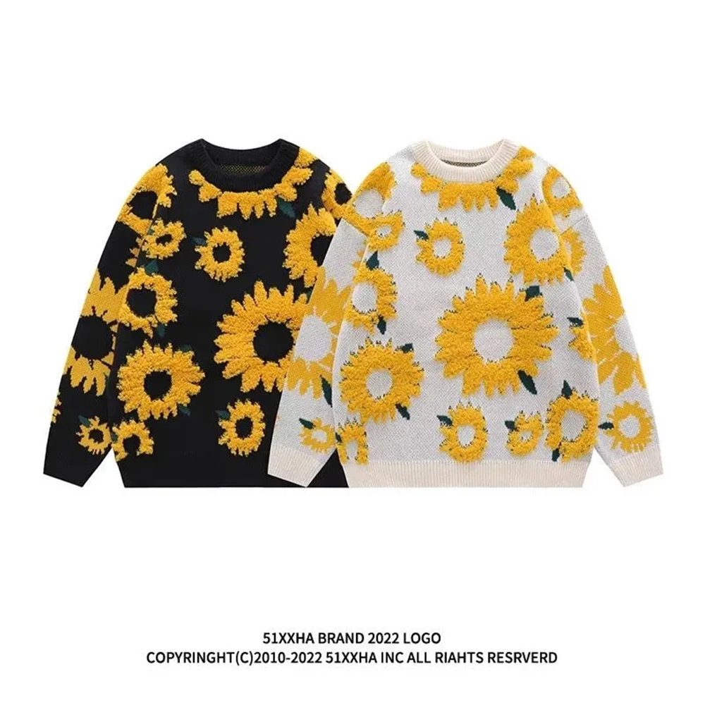 Autunno giapponese retrò girasole floccaggio pigro vento maglione uomini e donne hip-hop coppia maglione marea