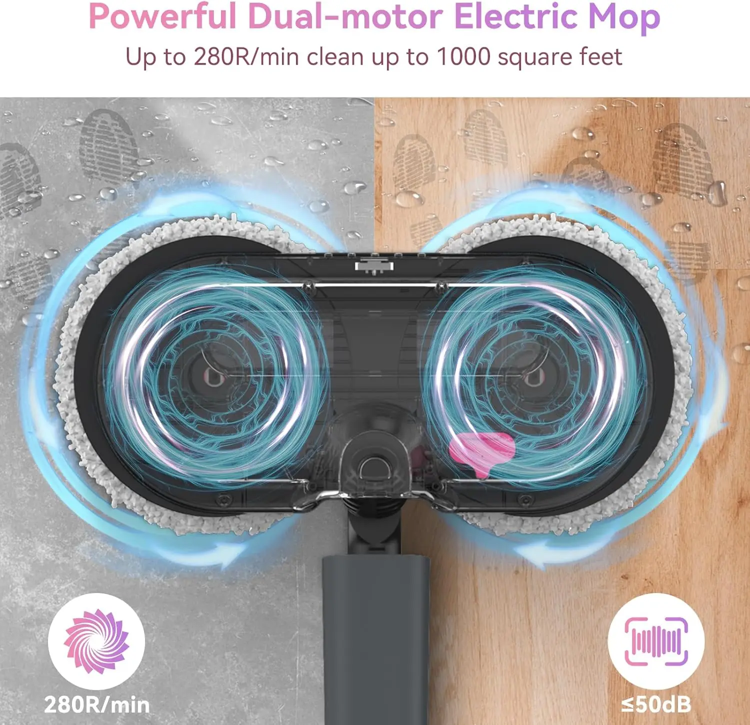 Mocio elettrico senza fili per la pulizia dei pavimenti, mocio rotante con spruzzatore d'acqua con serbatoio dell'acqua da 300 ml, illuminazione a LED e batteria rimovibile, fino a 6