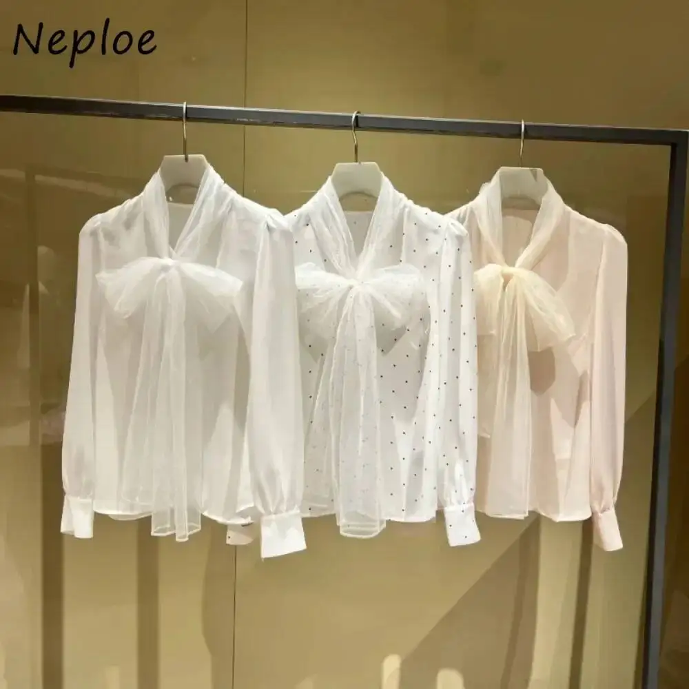 BabYoung Prachtige Verse Chiffon Trui Ropa Mujer Lantaarn Mouw Nieuwe Geavanceerde Ruches Blusa Japan Bow Lace Up Polka Dot Shirt