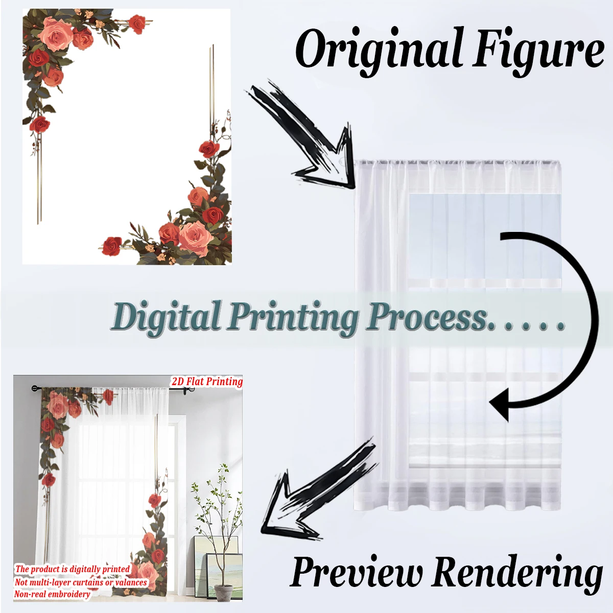 ستارة شفافة مطبوعة مسطحة على شكل ورود ملونة، قماش خفيف، لغرفة المعيشة وغرفة النوم وديكور المنزل والنافذة