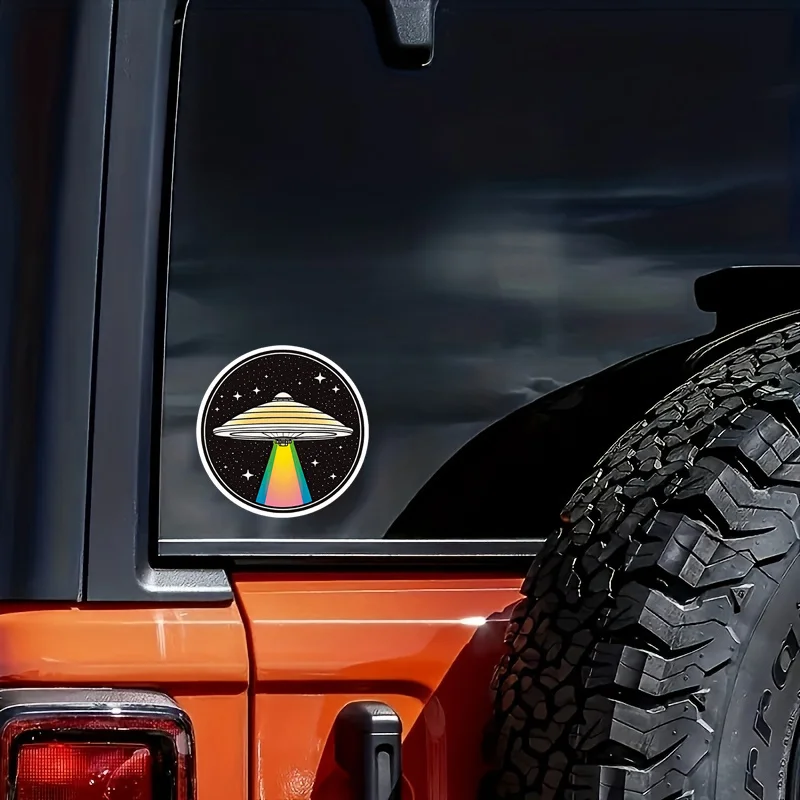 1PC Trendy Space UFO Decal - Eye-Catching Design with Rainbow Light for Vehicle & Gadget Customization
