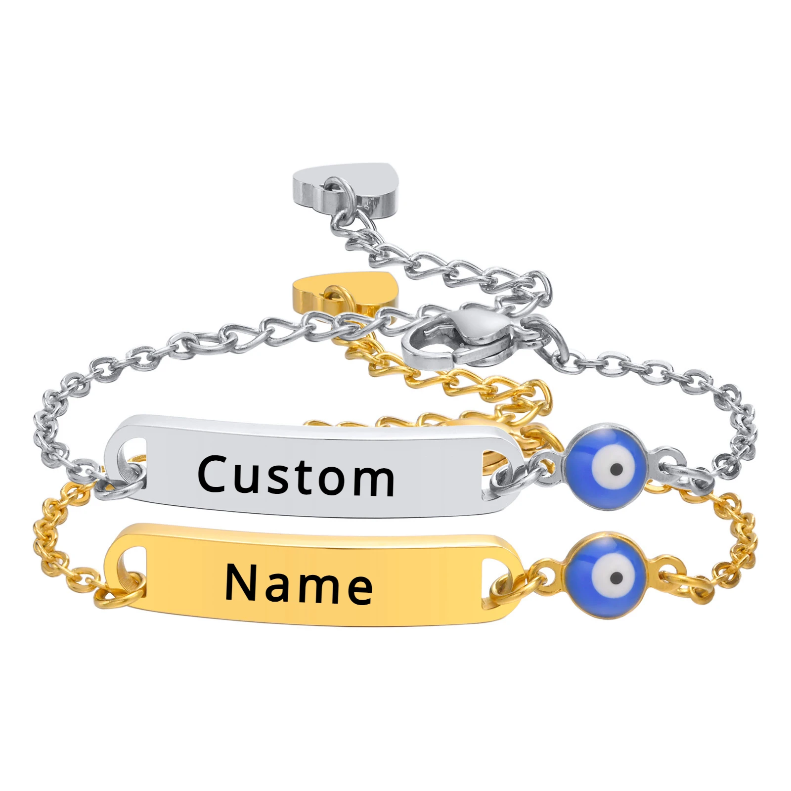 

Custom Blue Evil Eye Baby Name Bracelet - Personalized Stainless Steel ID Date Engraved Jewelry for Newborn Girls Boys Gift‌