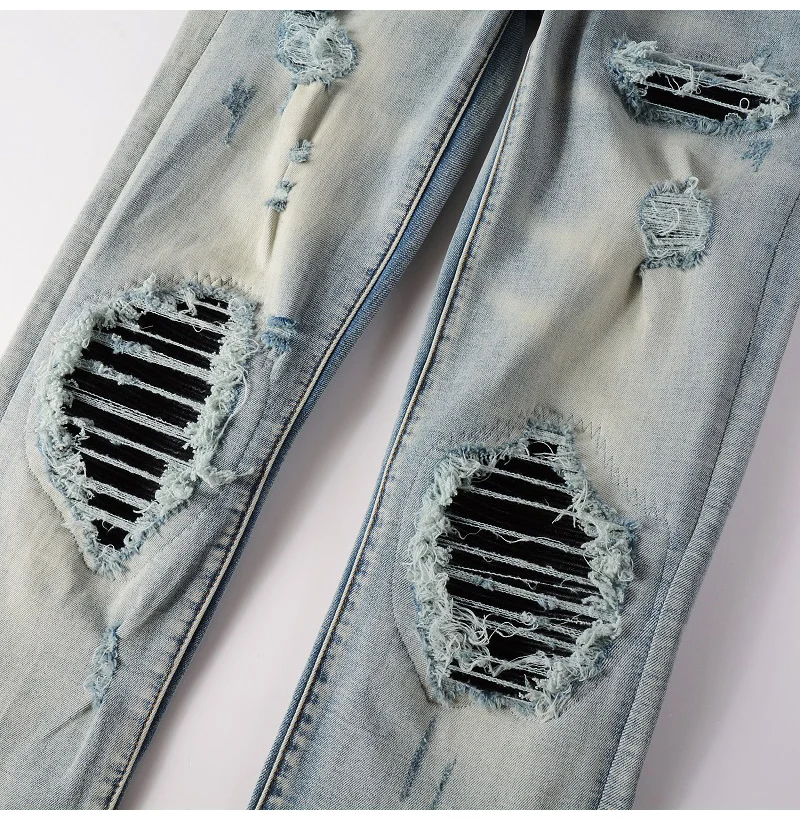 Herren-Lederjeans mit Plissee-Patches, Biker-Stil, Streetwear, Skinny, schmal geschnitten, hochelastisch, Jeanshose mit Löchern, zerrissen, Distressed-Hose – Detail 10