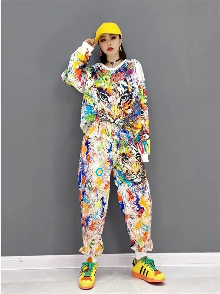 Fashion Pants Set Female 2024 Spring Tiger Head Print Round Neck Long Sleeve Top and Casual Pants Sports Two-Piece Set for Women