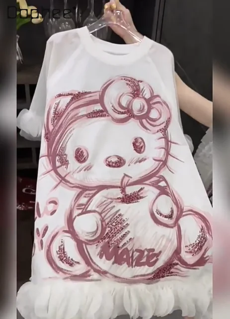 

Summer New Design Mesh Stitching Cartoon Cat Short-sleeved T-shirt Dress Women's Loose Casual Medium and Long Top Kawaii Clothes