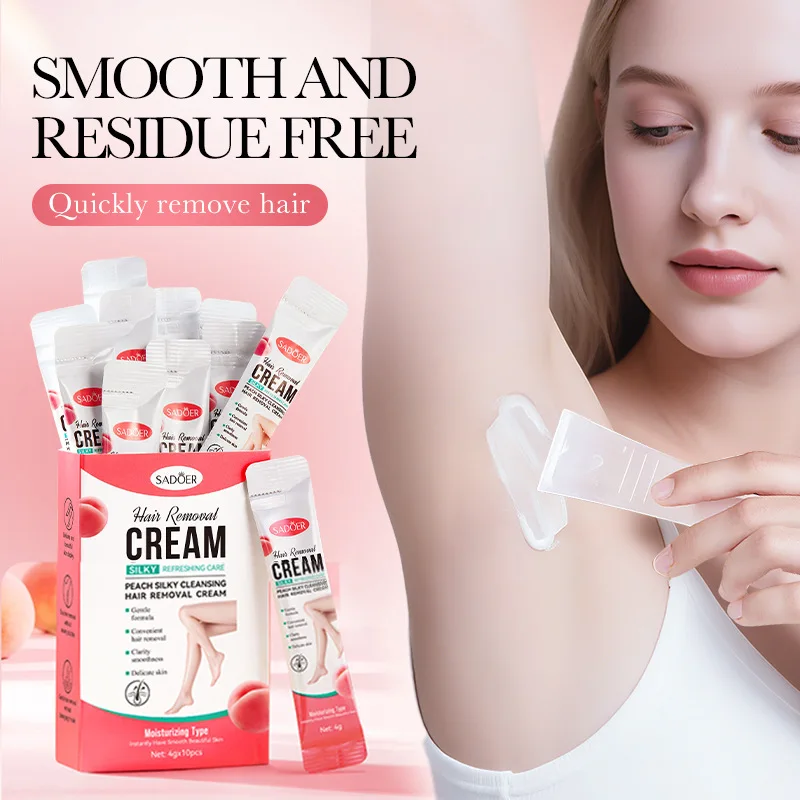 Crema depilatoria sedosa color melocotón, adecuada para eliminar el vello de forma permanente de axilas, piernas y genitales, apta tanto para hombres como para mujeres.