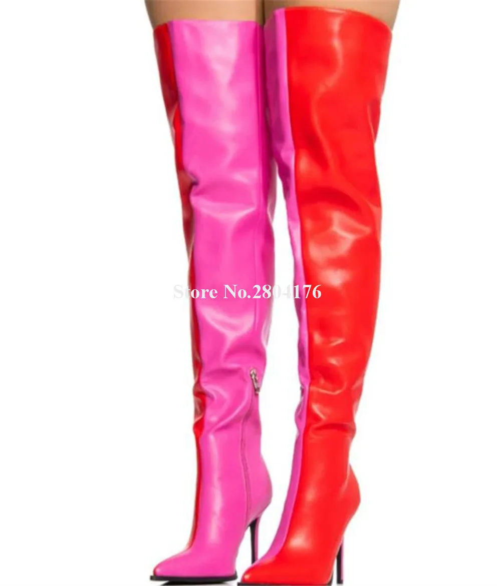 Newest Patchwork Stiletto Heel Over Knee Matte Leather Boots Charming Sexy Pointed Toe Pink-red Black-white Thin Heel Long Boots