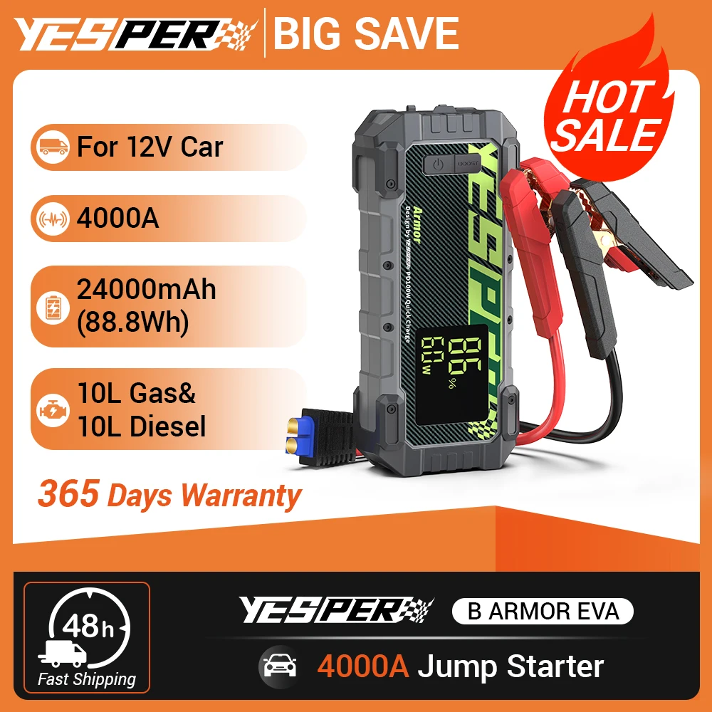 YESPER 4000A 10L Diesel/Gas Jump Starter – 12V/24000mAh, 100W PD Fast Charge, 3-Mode Light + Case, Portable Power Bank