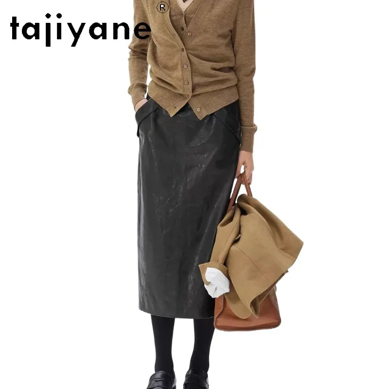 TAJIYANE Genuine Leather Skirt Oil Wax Vegetable Tanned Sheepskin Women's Skirts Straight Skirts for Woman Back Split Midi Skirt