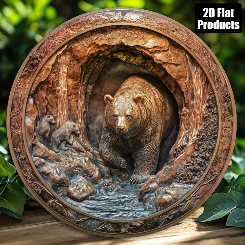 2D Metal Sign, 8x8 Inch Round Brown Bear Aluminum Metal Sign for Home Bar Cafe Office Decor, Fall Halloween Christmas Holiday Gi