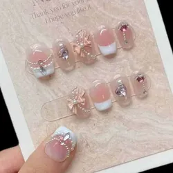 10 Pcs Handmade Women Fashion New Style Press On Nails Ins Style Trend Butterfly Knot Tulip Flowers Short Nail Art Nail Plate