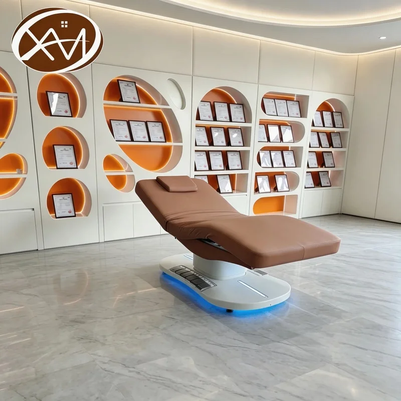 Luxury Electric Adjustable Beauty Bed 3-Motor Foldable Frame LED Light Base Foot Control for Professional Salon Massage Table