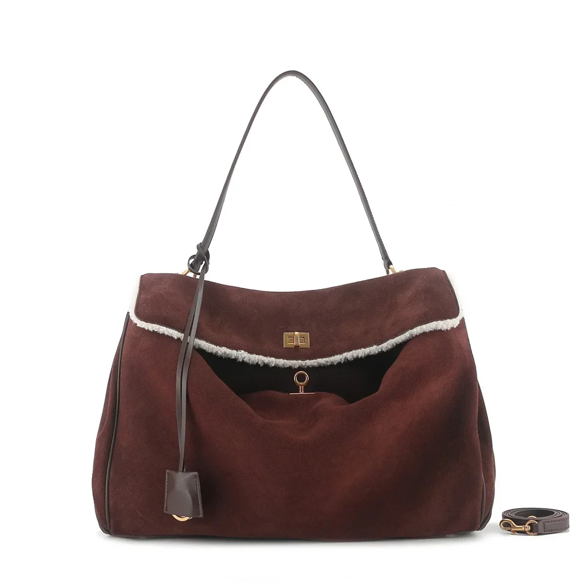Winter Luxury Brand Women Bags Genuine Leather Brown Suede Totes Gold Buckle Women Shoulder Bags Fashion Handbags