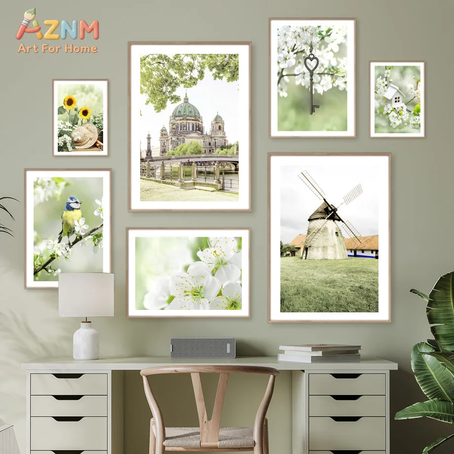 AZNM Green Nature Spring Daisy Dog Berlin Cathedral Canvas Wall Art Print Decor