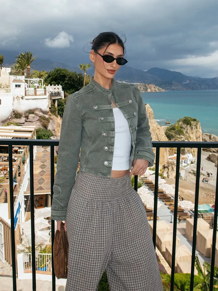 HH  Elegant Autumn Female Military Style Cropped Denim Jacket, Stand Collar Double Breasted Metal Button Long Sleeve Casual Coat view 3