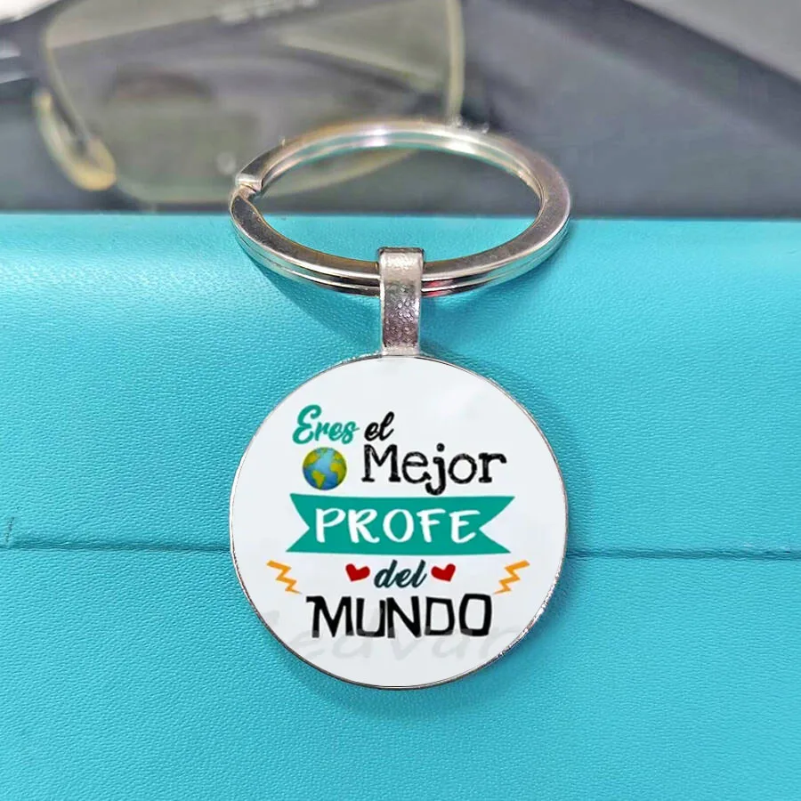 Spanish Teacher's Day Gift keychain Pen holder pendant Convex glass key chain Pink keyring keyholder Graduation Season Gift