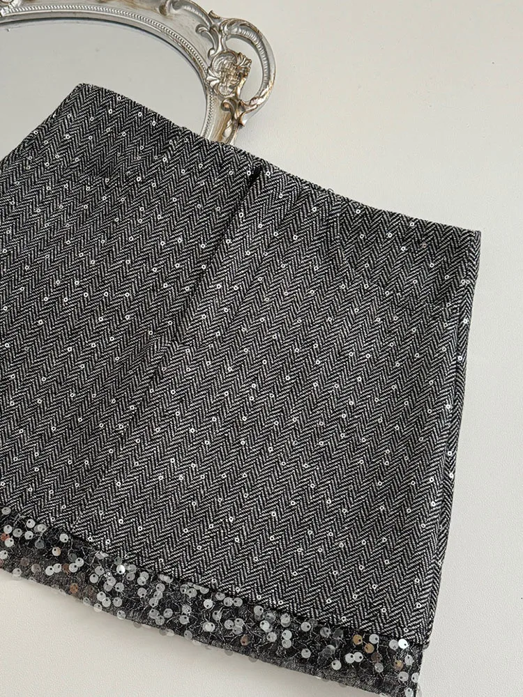 Fashion A-Line Skirt Gyaru Mini Bottoms High Waist Slim Fit Sequins Sparkly Sexy Grey Skirt Coquette Streetwear American Retro