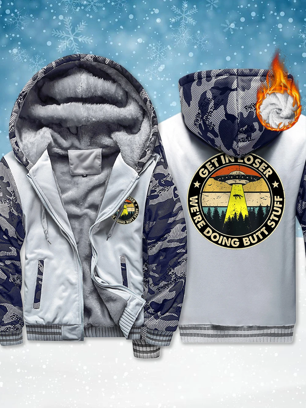 

Get In Loser Ufo Printing Mens Zipper Coats Winter Fleece Warm Thicken Jackets Windproof Thermal Outerwear Casual Men'S Tops