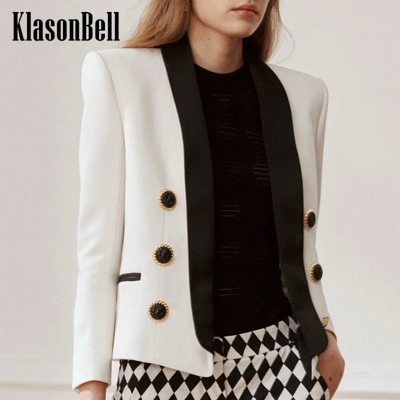 1.12 KlasonBell Classic Black White Spliced Lapel Collar  Temperament Slim Button Decoration Short Blazer Women