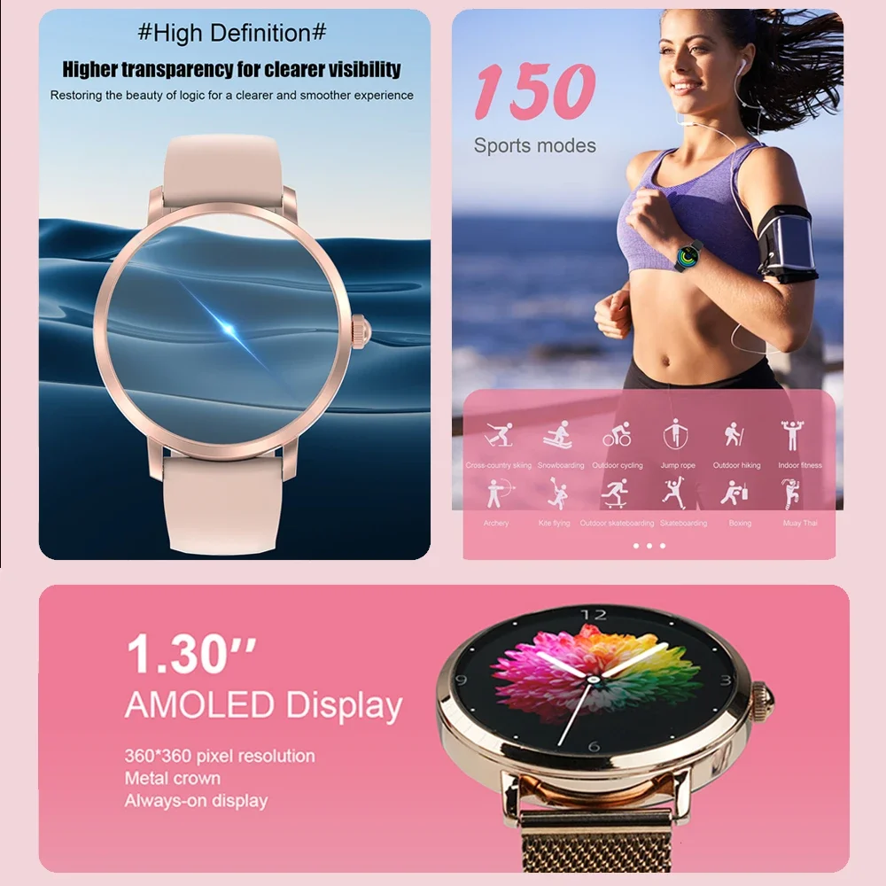 New AMOLED Screen Smartwatch Women Bluetooth Call Smart Watch Sports Clock Custom Dial Ladies Watches Menstrual Cycle Reminder