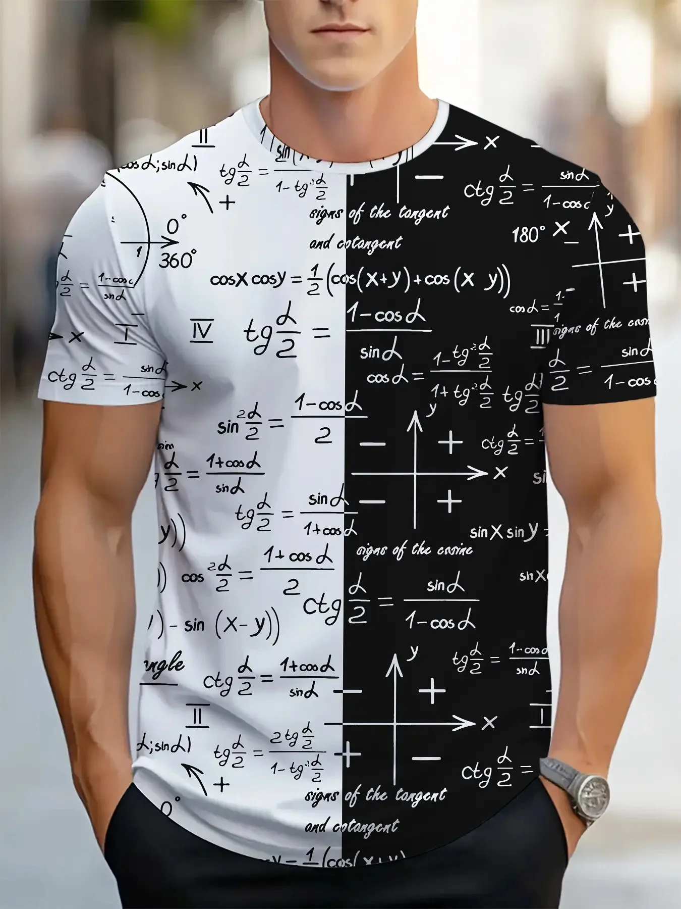 Men Split Black White Math Formula 3D Print T-Shirt O-Neck Short Sleeve Student Casual Graphic Tee