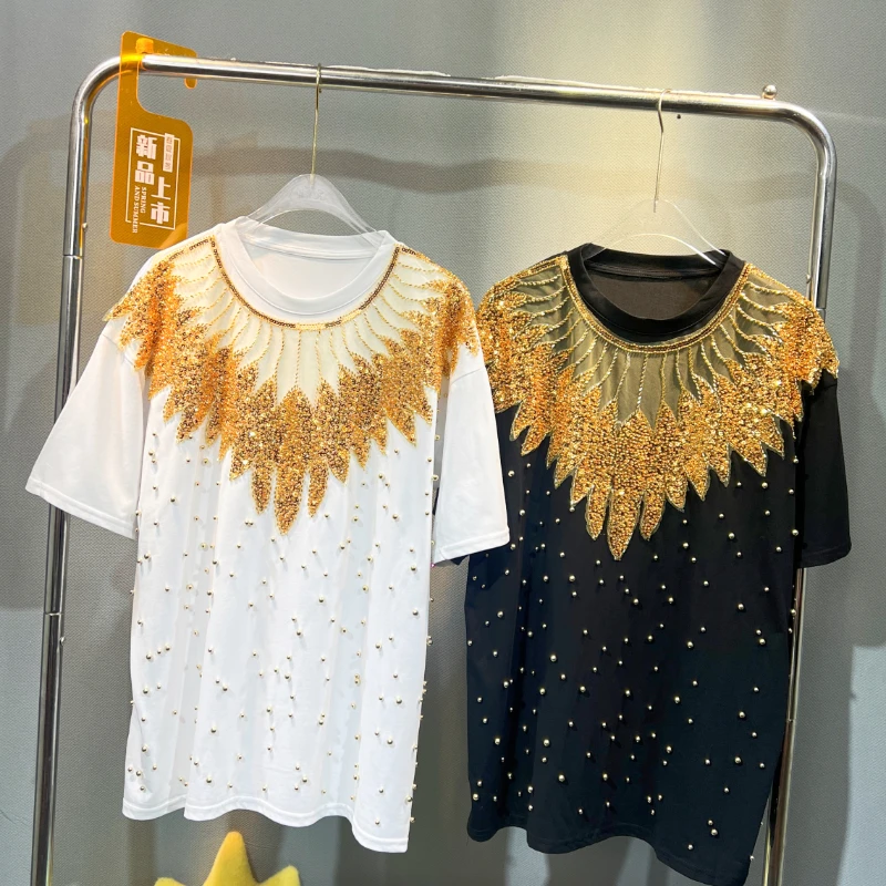 

Luxury Gold Wings Sequins Beads Women Short Sleeve T-shirt 2024 New Summer Loose Pullover Top Mid-long Casual Cotton Tees O-neck