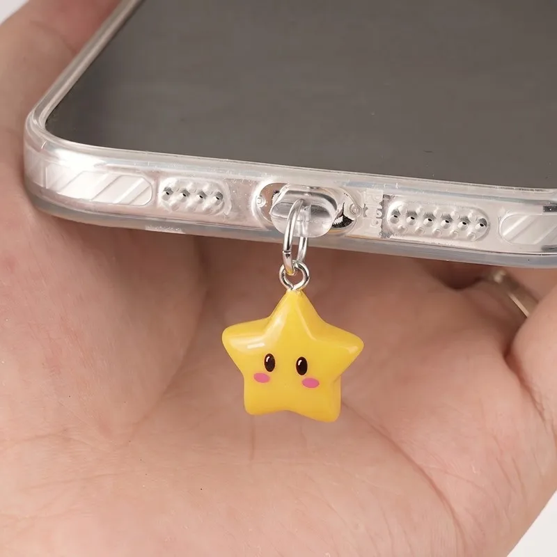 Lindo Tapón de Polvo para Teléfono Estrella Amarilla 3D Accesorios Decoración Colgante Para iPhone Para Samsung Tipo-C Puerto de Carga