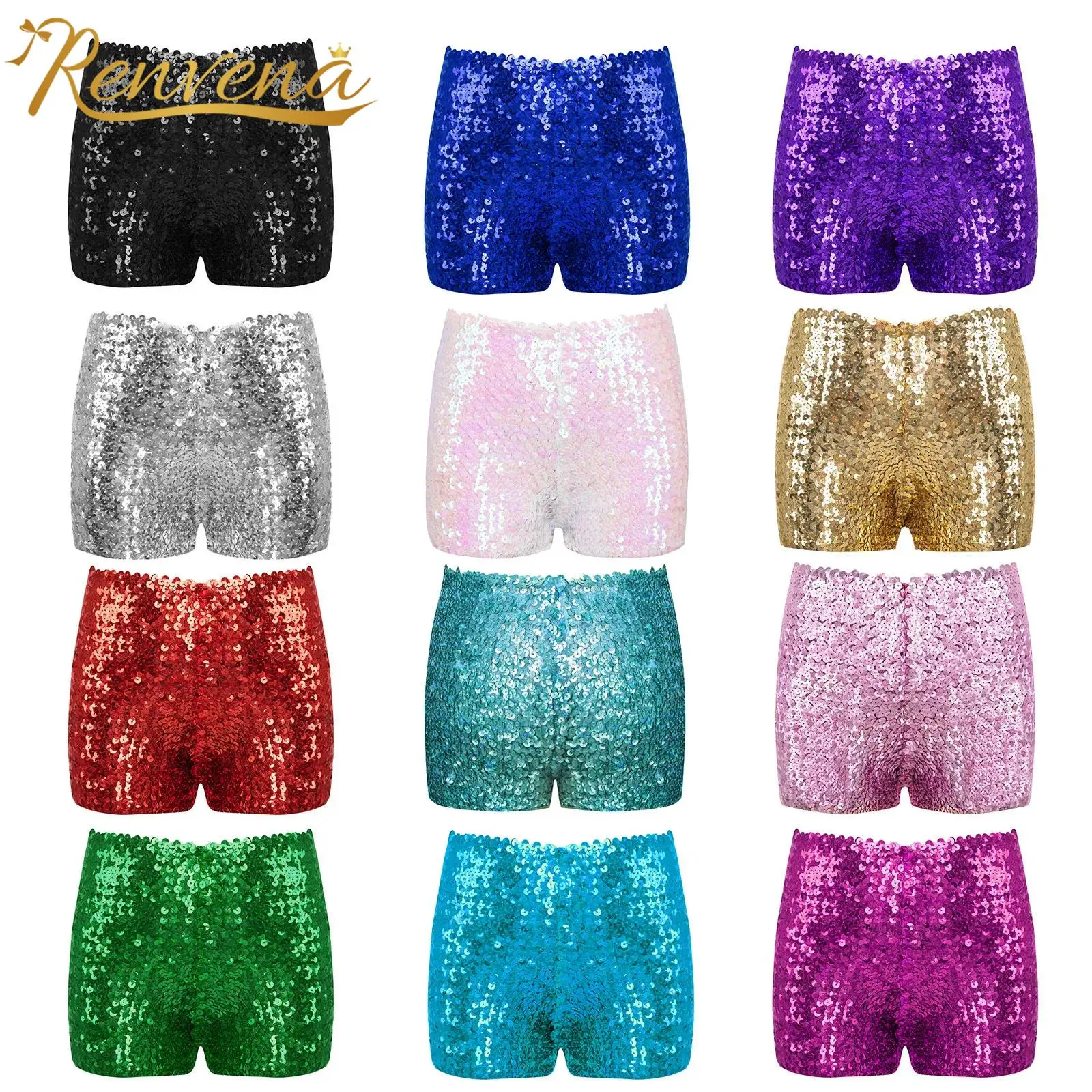 

Kids Boys Girls Elastic Shiny Sequins Jazz Dance Shorts Fashion Birthday Party Dancewear Stage Performance Costume Short Pants