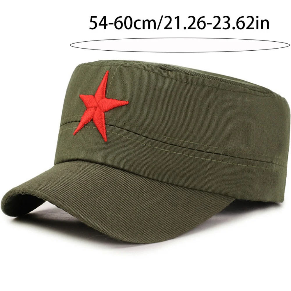 Red Five-Pointed Star Flat Top Hat For Man Military Training Outdoor Team Travel Sun-Proof Adjustable Canvas Cap