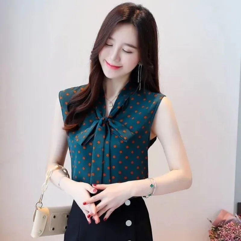 Women Clothes Summer Casual Fashion Simplicity Polka Dot Printing Sleeveless Shirts Women's Trend All-match Temperament Tops
