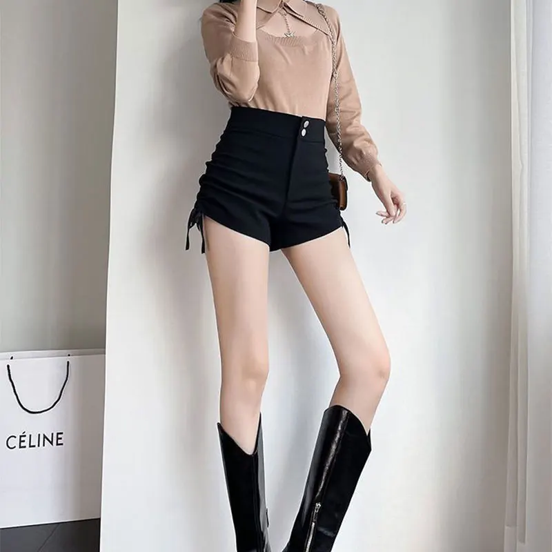 Women's Summer Fashion Simplicity Pleated Black High Waist A-line Wide Leg Pants Women Clothes Sexy All-match Casual Shorts