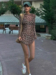 JULISSA MO Print Leopard Two Piece Sets Women Dress Sexy See Through Long Sleeve Dress Female Autumn Slim Elegant Party Clubwear